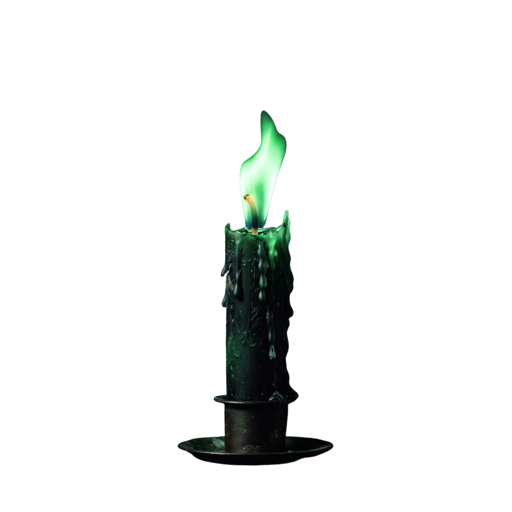 A black candle with a green flame burning against a dark background