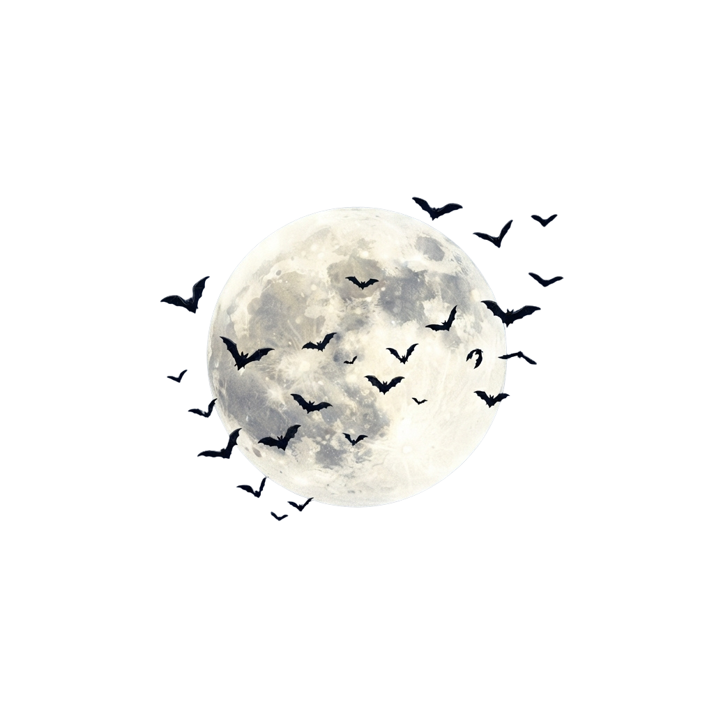 A full moon with bats flying around it against a dark night sky