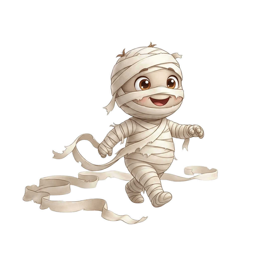 A cheerful cartoon mummy character with bandages wrapped around its head and body, smiling and standing on two legs.