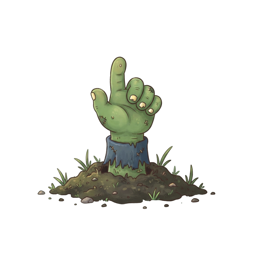 A cartoon zombie hand sticking out of a grave with blue inner lining and dirt around it