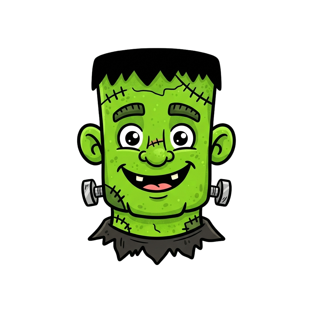 A cheerful green cartoon Frankenstein monster with stitches, bolts, and a friendly smile