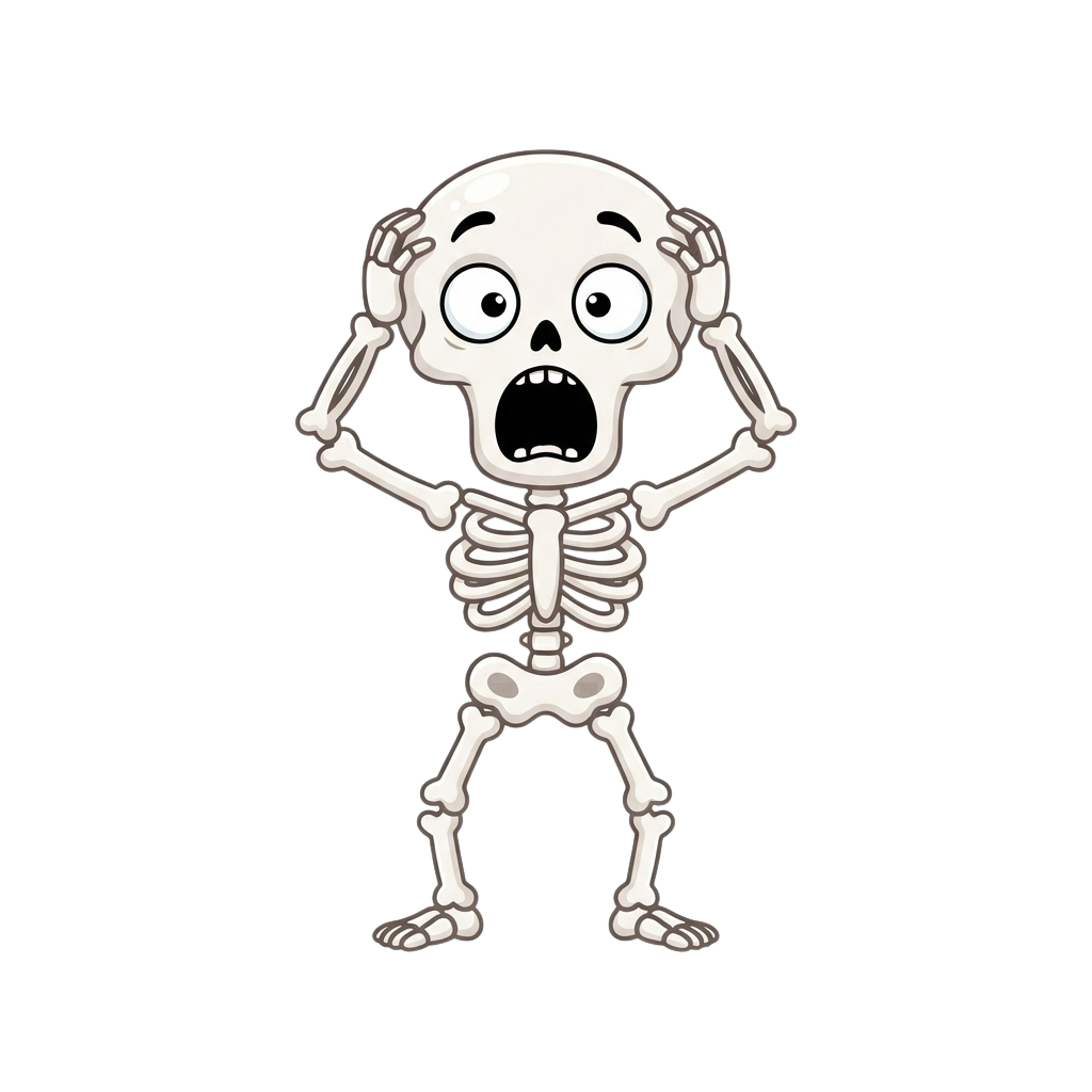 A cartoon skeleton character with wide eyes and an open mouth, hands raised in a shocked expression
