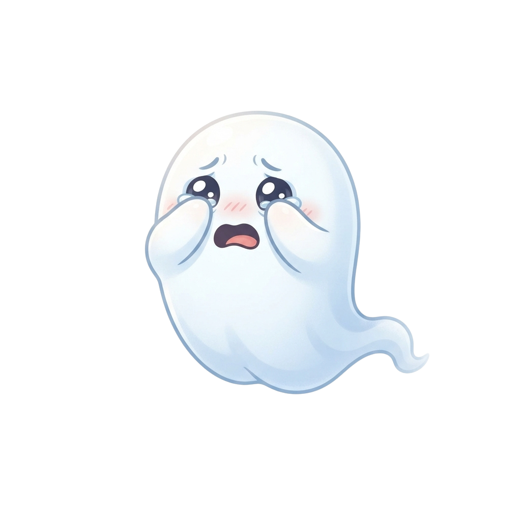 A cartoon ghost covering its eyes with both hands, appearing distressed or upset.
