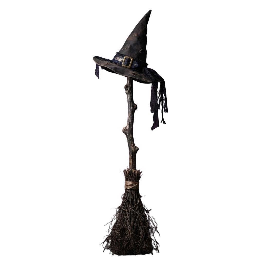 A witch hat placed on top of a broomstick against a dark background