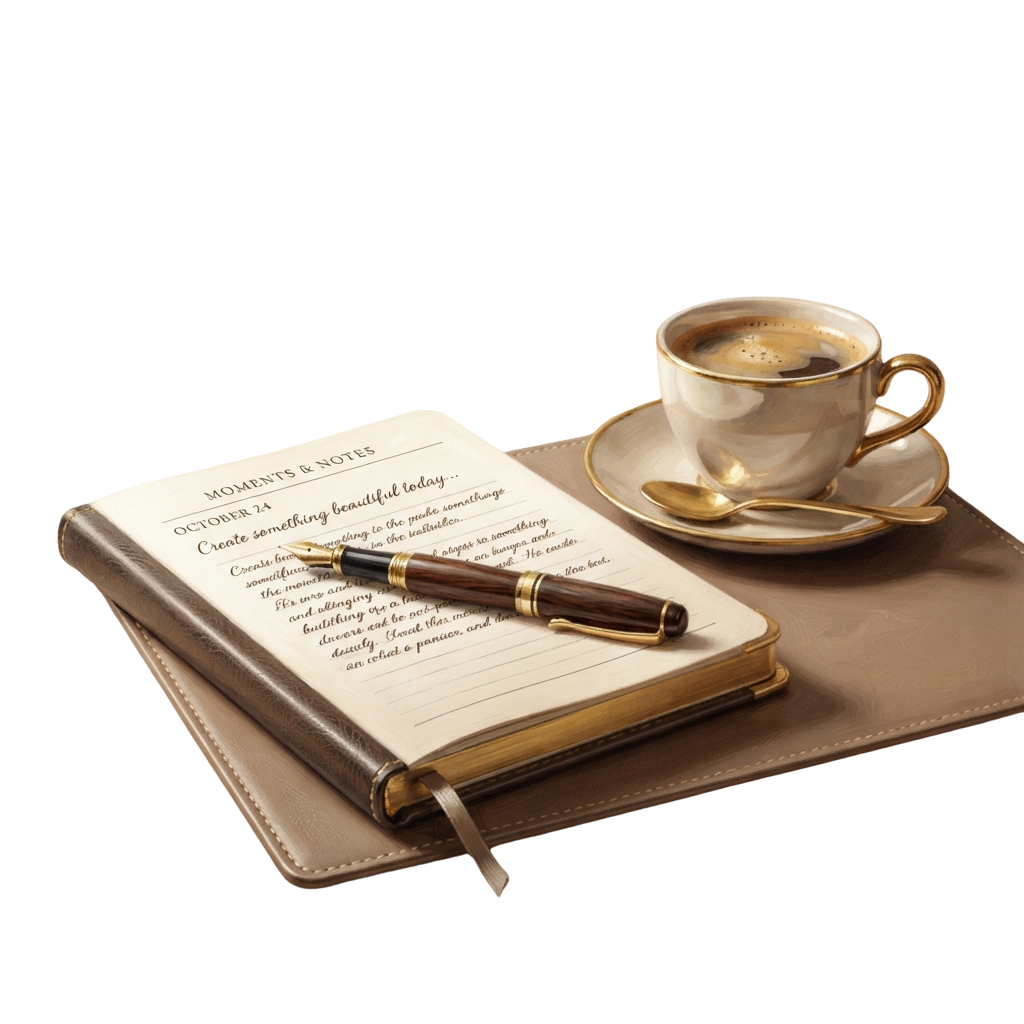 A journal with handwritten notes, a pen, and a cup of coffee on a saucer