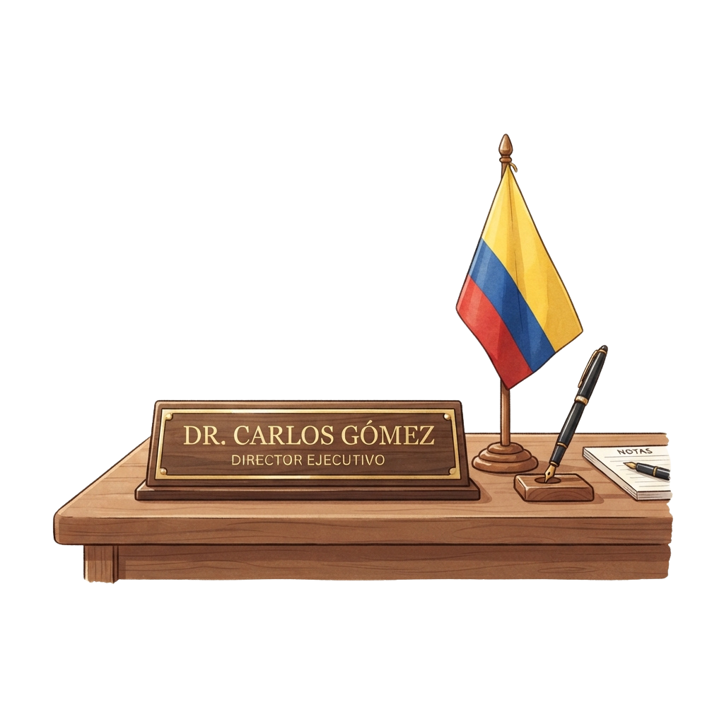 Desk with nameplate reading Director Executive, a Colombian flag, pen, and notepad