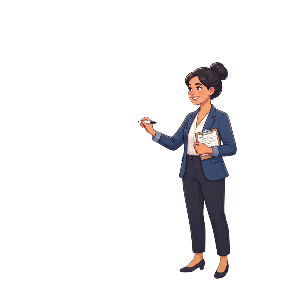 Smiling professional woman in business attire holding a clipboard and remote control