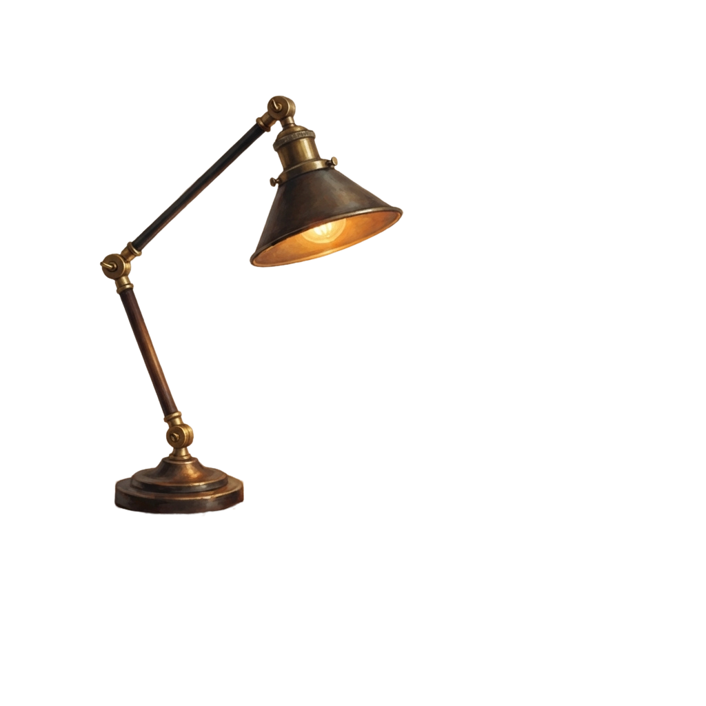 A copper-toned adjustable arm desk lamp with a round shade emitting warm light against a dark background