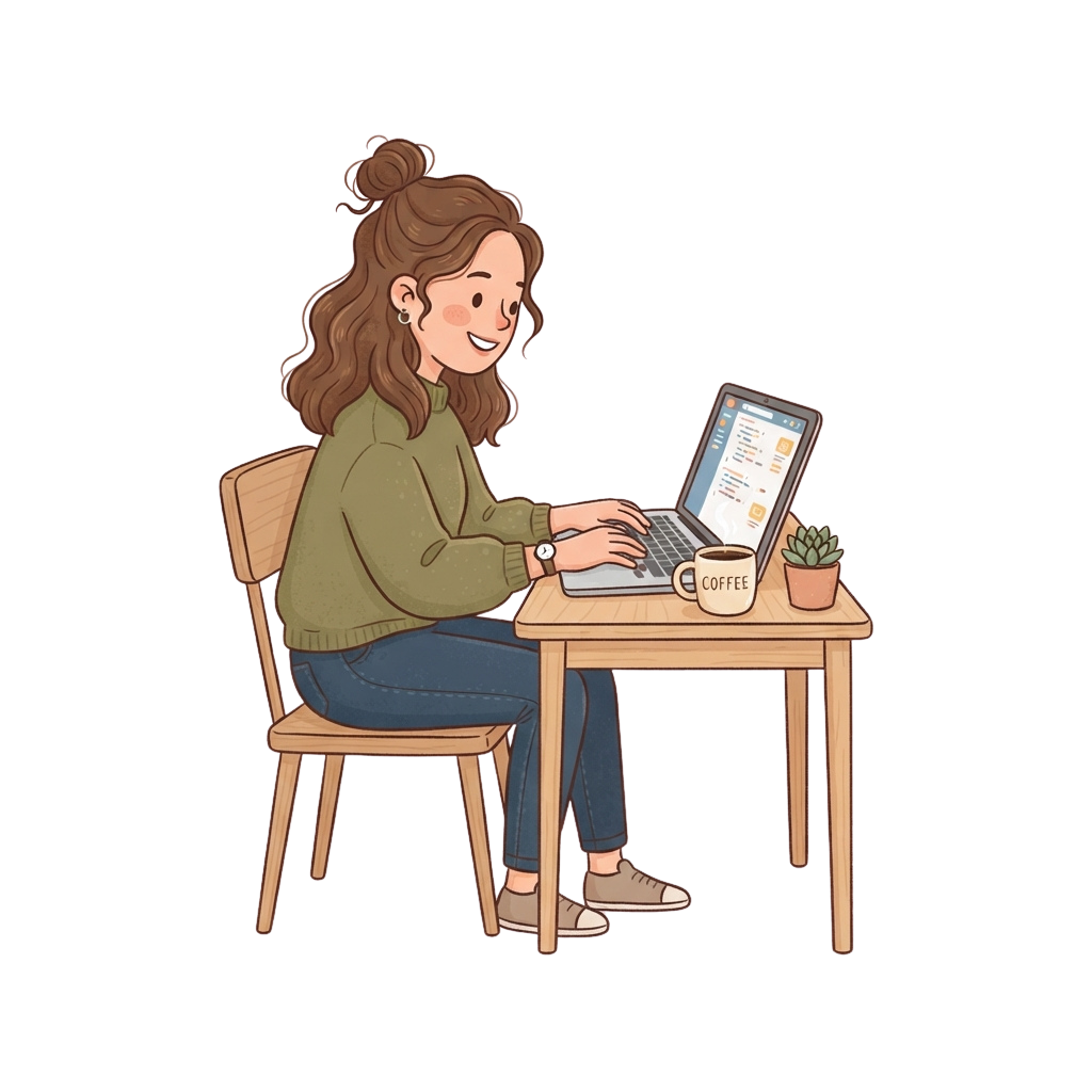 A woman sitting at a wooden table using a laptop, smiling, with a coffee mug and small potted plant beside her