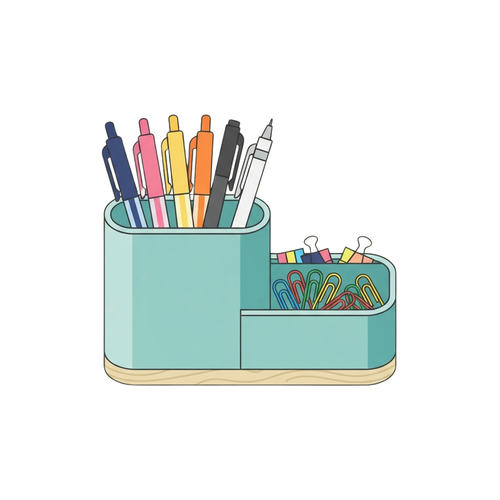 A turquoise desk organizer holding colorful pens and a compartment with assorted paper clips