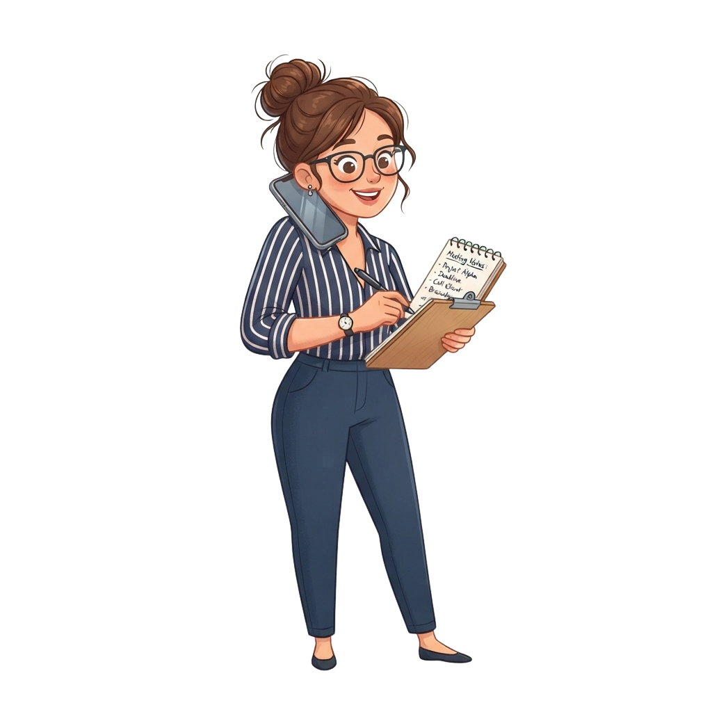 A smiling woman in glasses holding a clipboard with a notebook and pen, dressed in a striped shirt and pants.