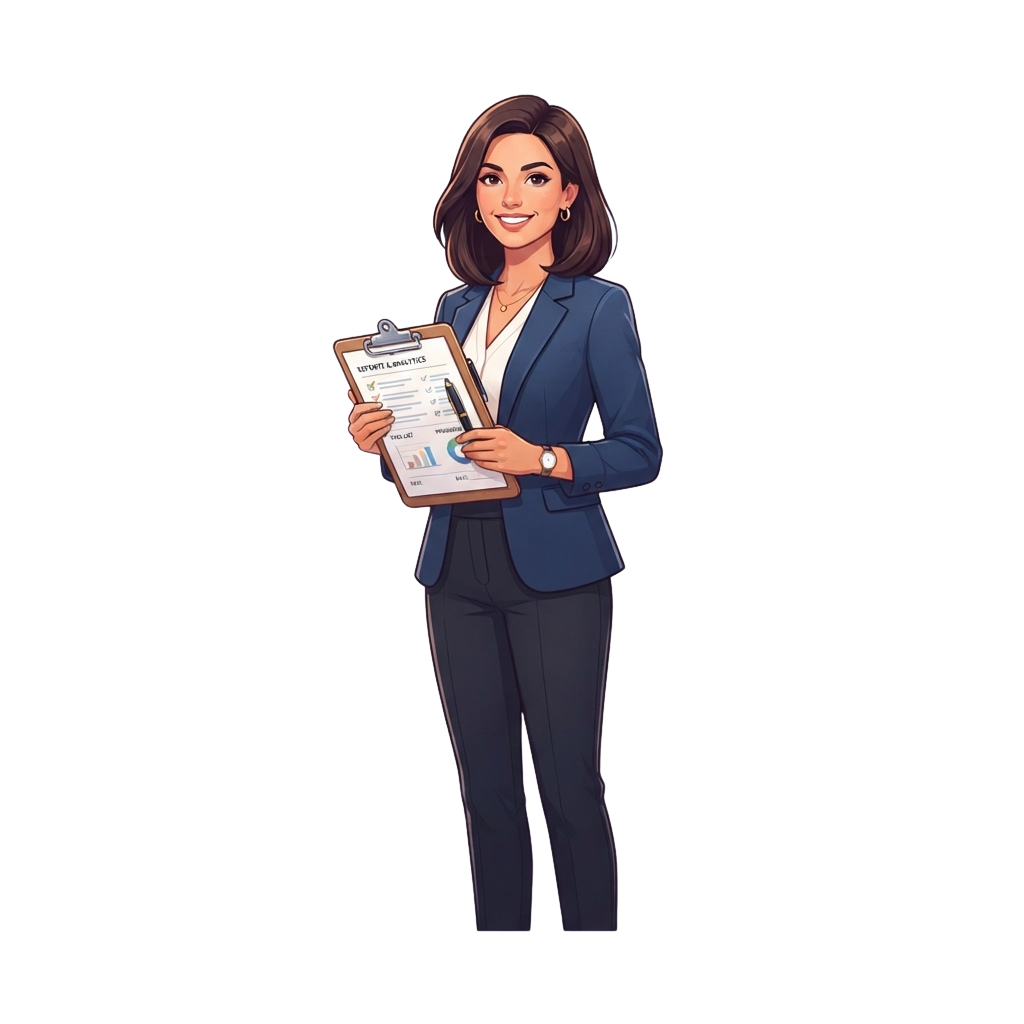 Smiling professional woman in business attire holding a clipboard with safety logbook