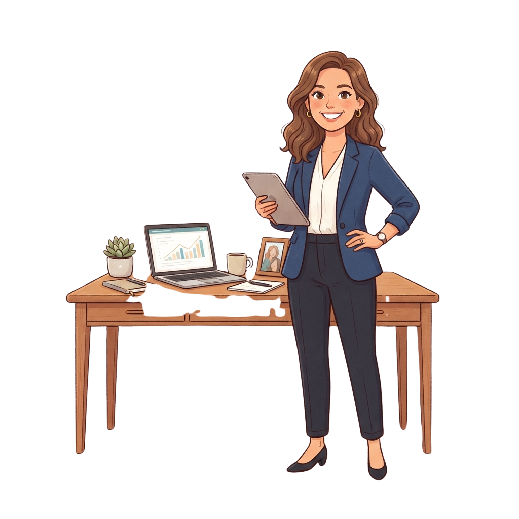 A smiling professional woman in business attire holding a tablet, standing beside a wooden desk with a laptop and office supplies