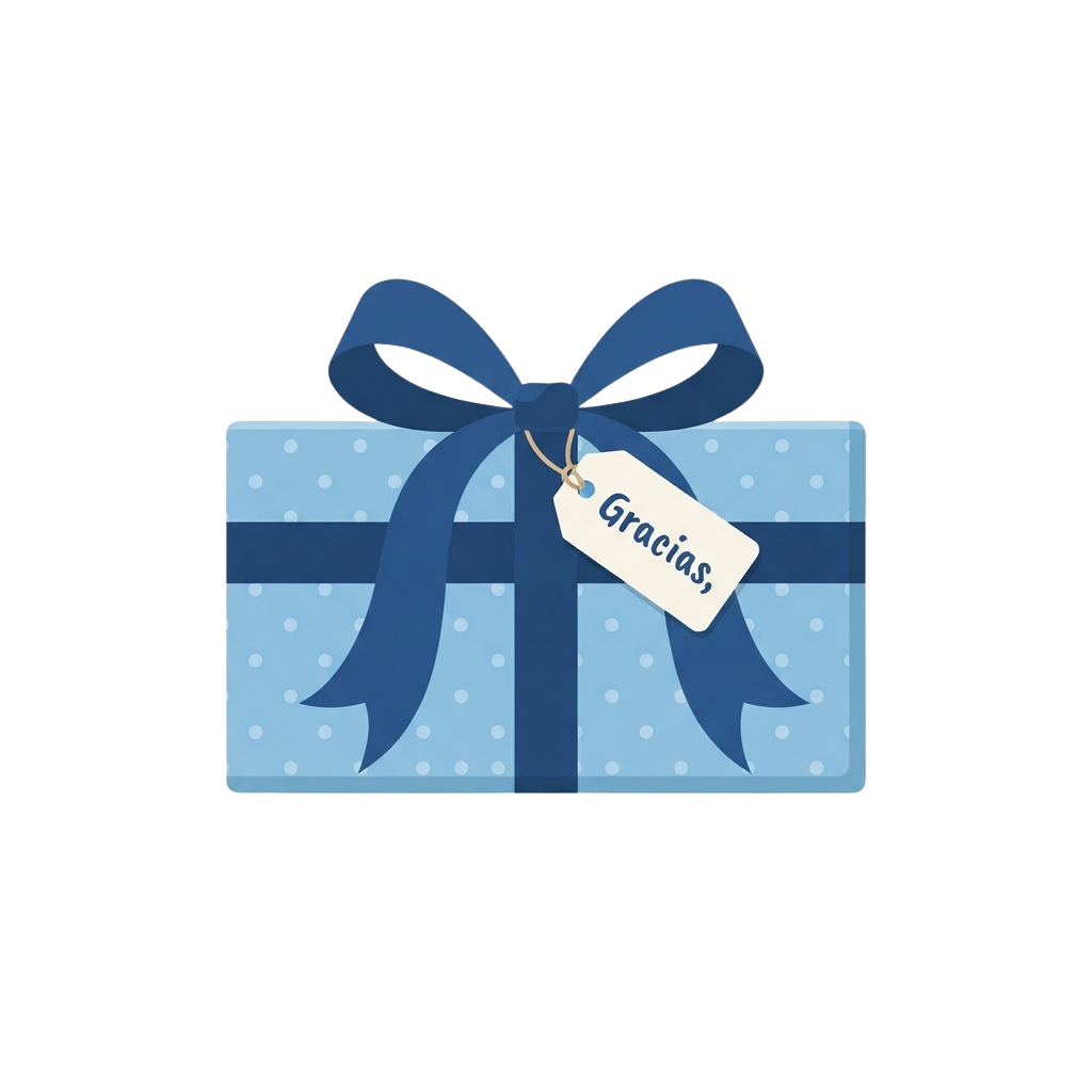 A gift box wrapped in light blue paper with white dots, tied with a blue ribbon and a tag that says Gracias