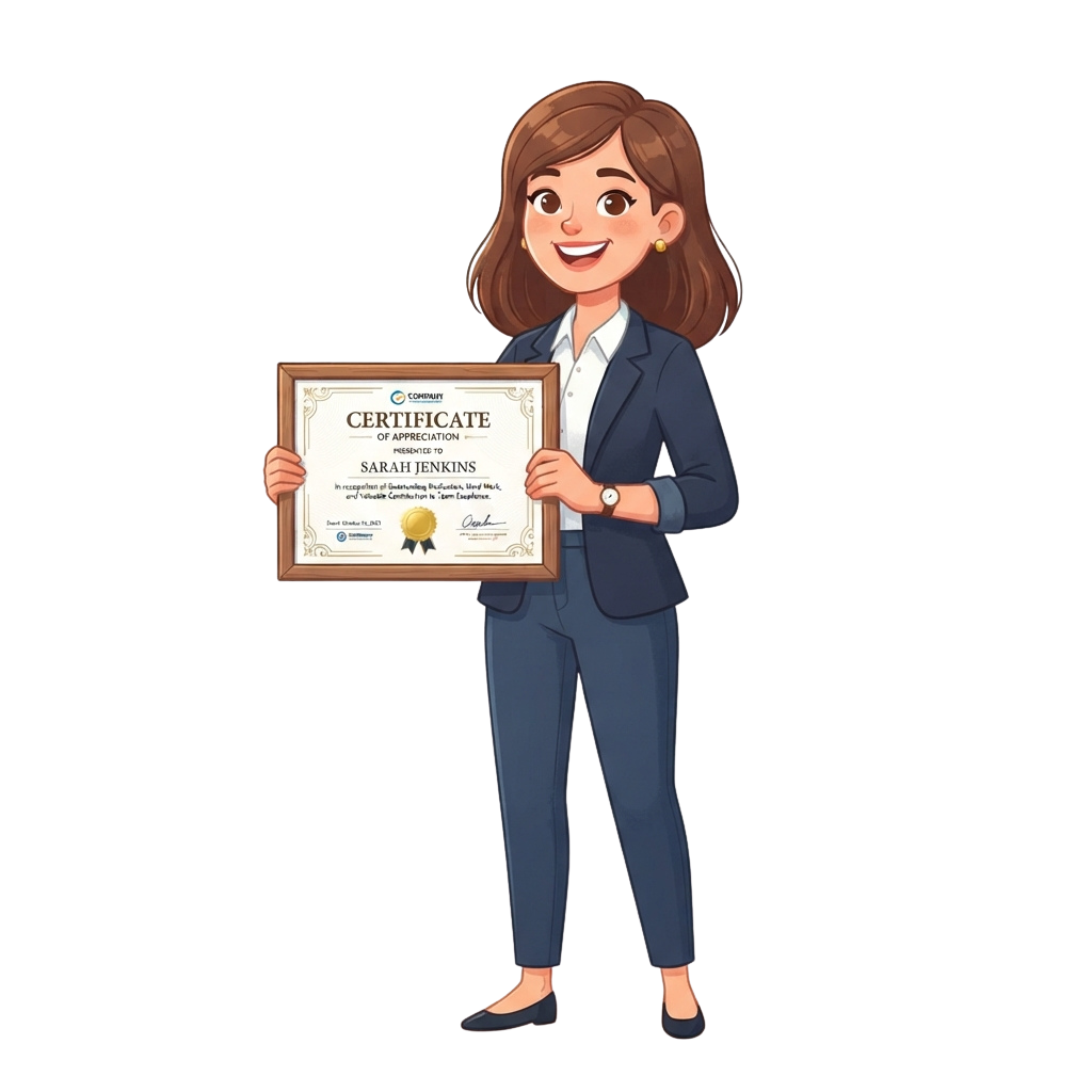 Illustration of a smiling woman in business attire holding a certificate of appreciation