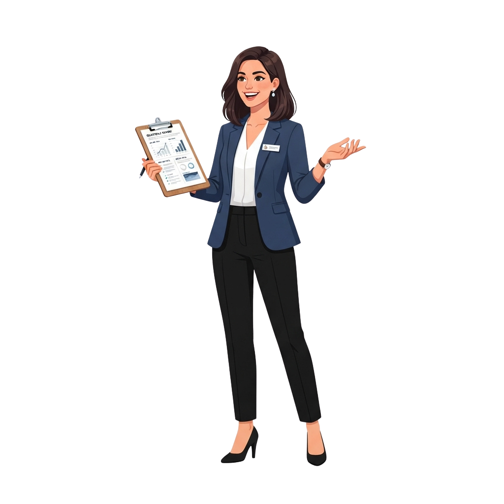 Smiling professional woman in business attire holding a clipboard with charts and graphs