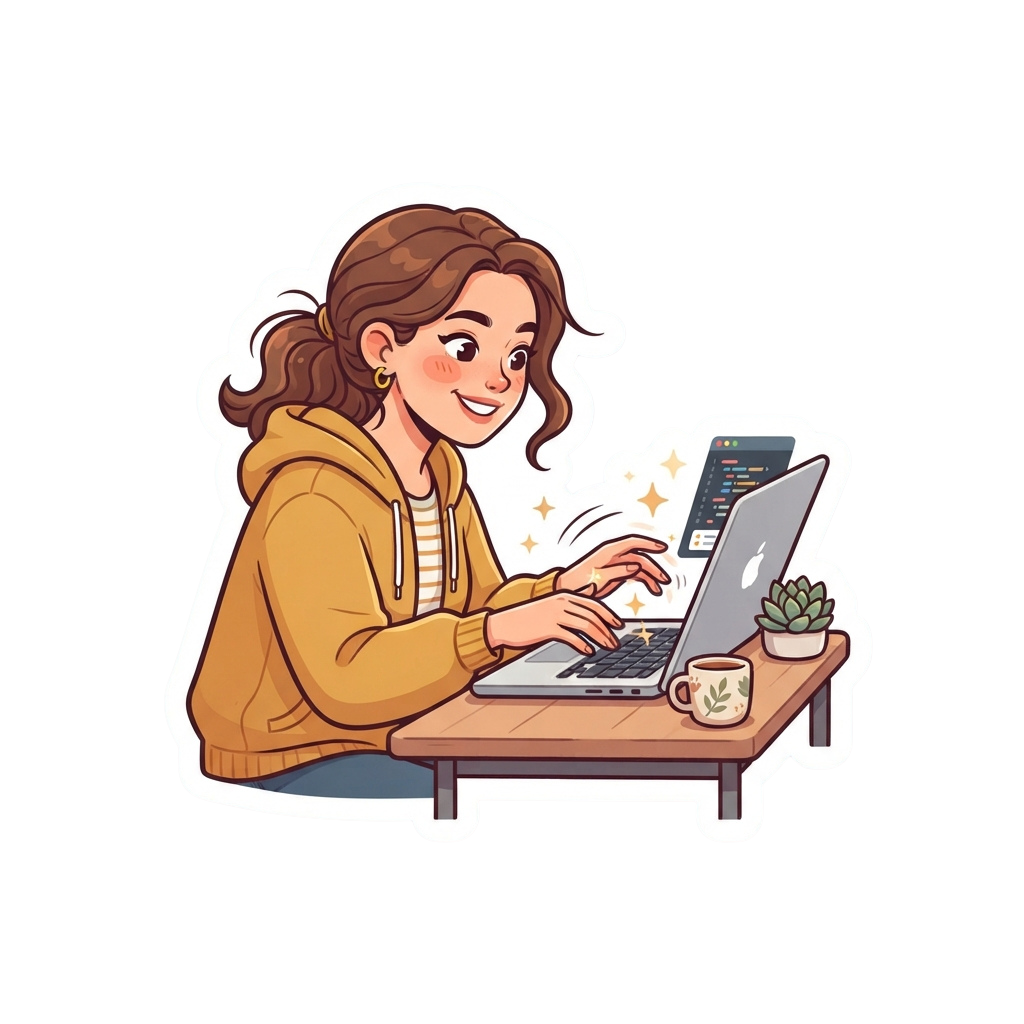 Illustration of a smiling woman coding on a laptop with a cup of coffee and a small plant nearby
