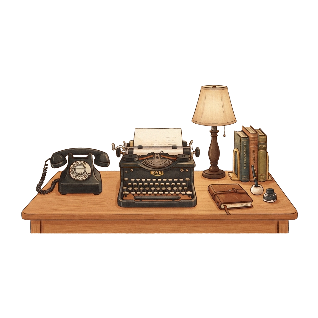 A vintage wooden desk with a typewriter, rotary phone, lamp, books, and notebook
