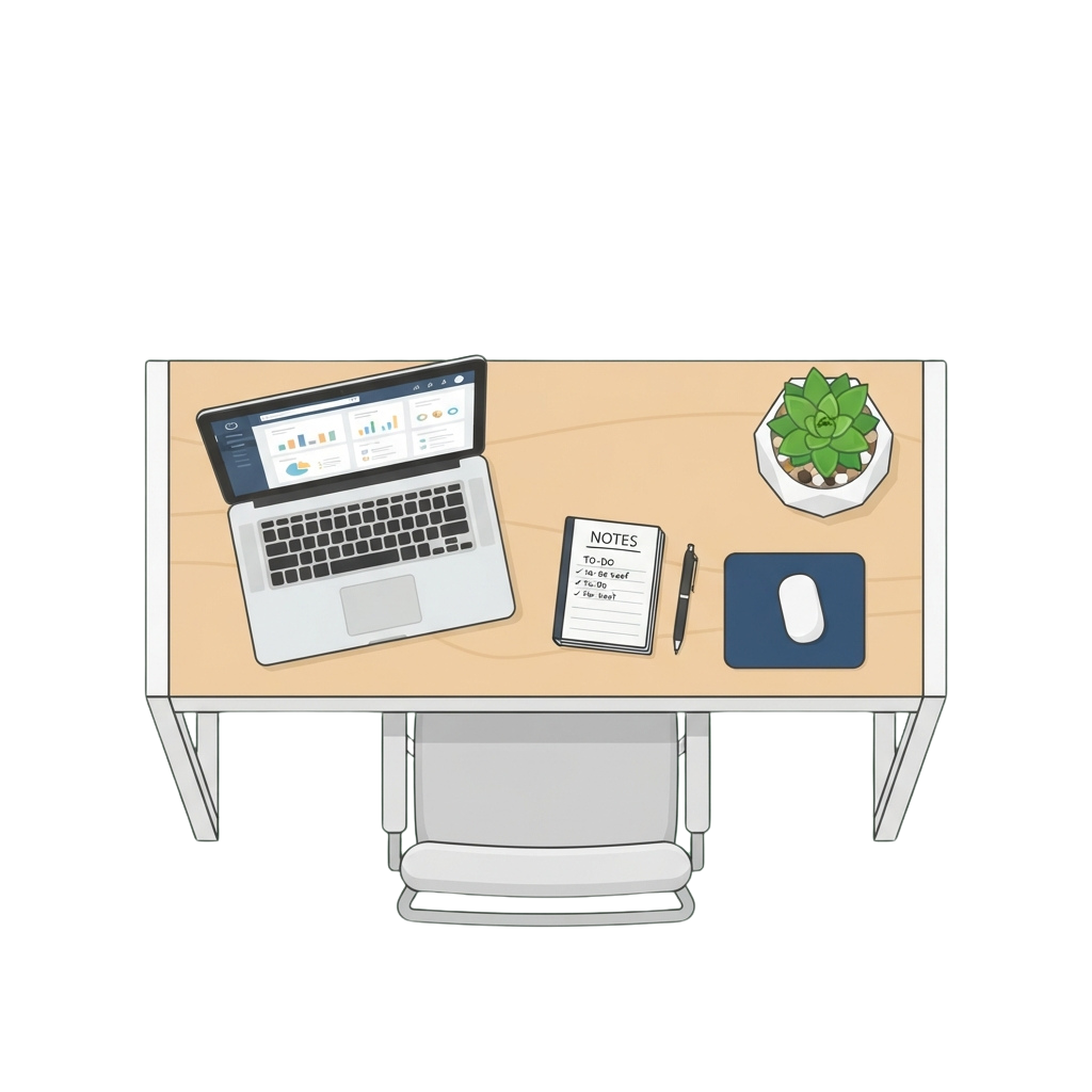 A clean desk with a laptop, notepad, pen, mouse, and small potted plant on a wooden surface with a chair.