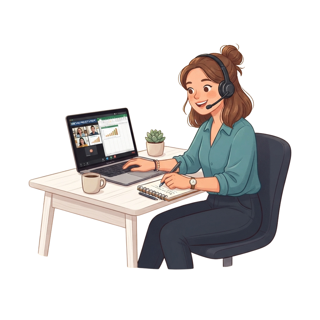 A woman with headphones smiles while taking notes during a virtual meeting on a laptop