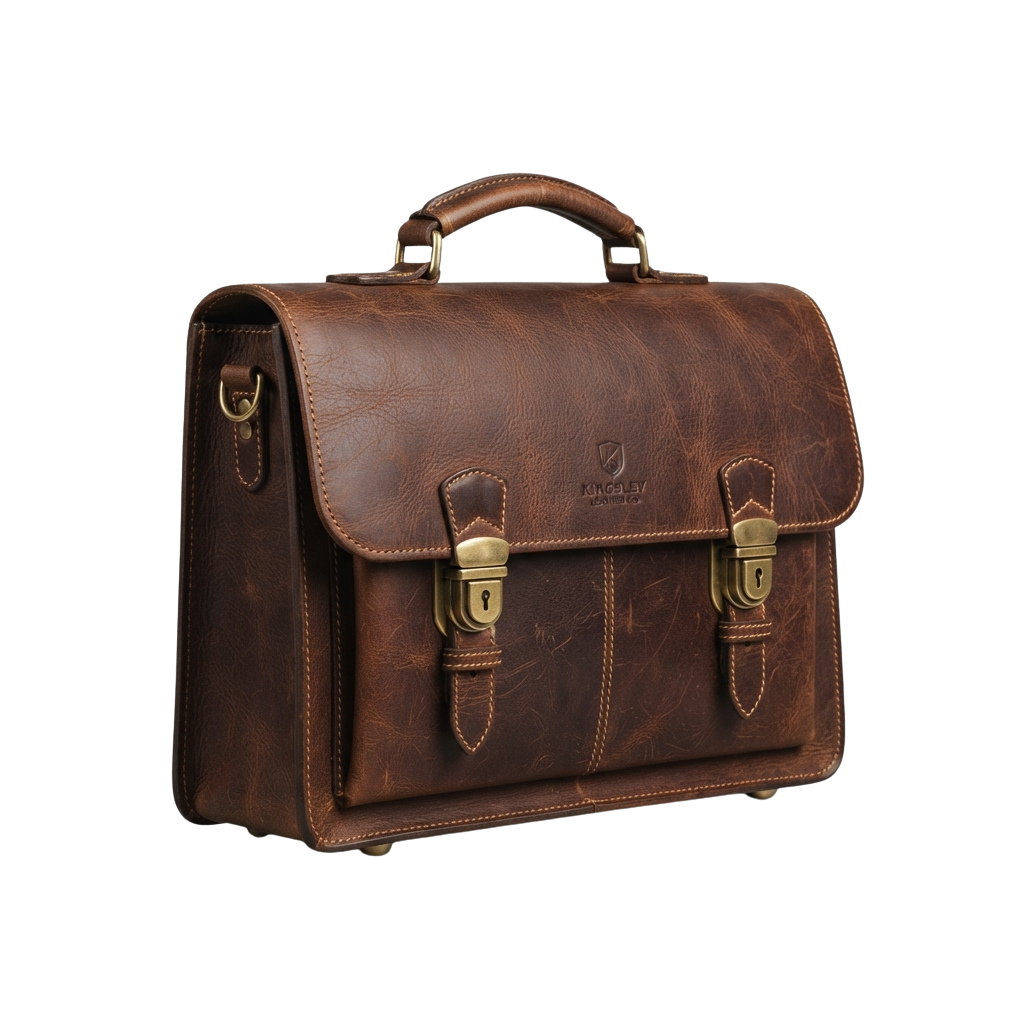 Brown leather briefcase featuring gold-toned buckles and a top handle, displayed against a dark background