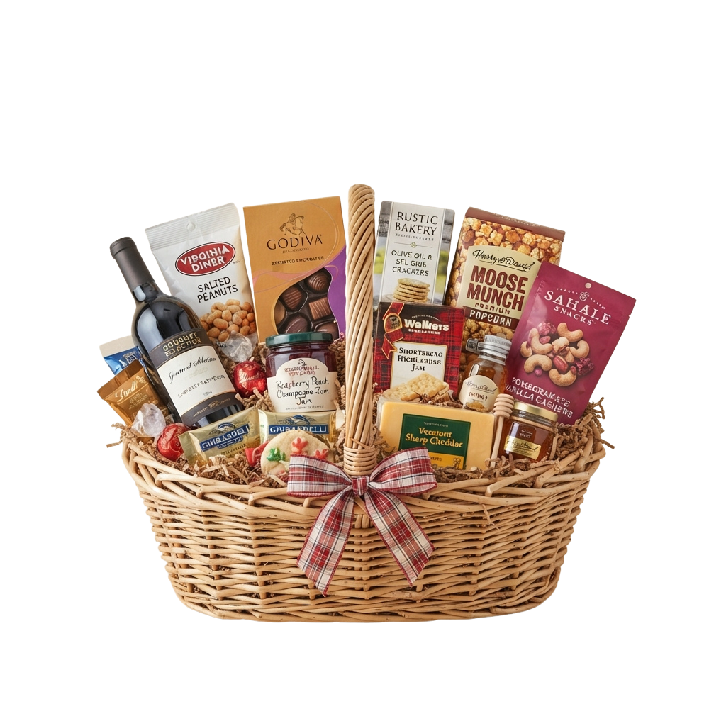 Woven basket filled with assorted gourmet snacks, crackers, chocolates, nuts, jam, and a bottle of wine, tied with a red and white ribbon.