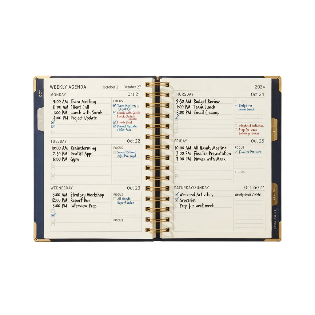 Weekly agenda planner showing scheduled tasks and focus areas for each day from October 21 to October 27, 2024