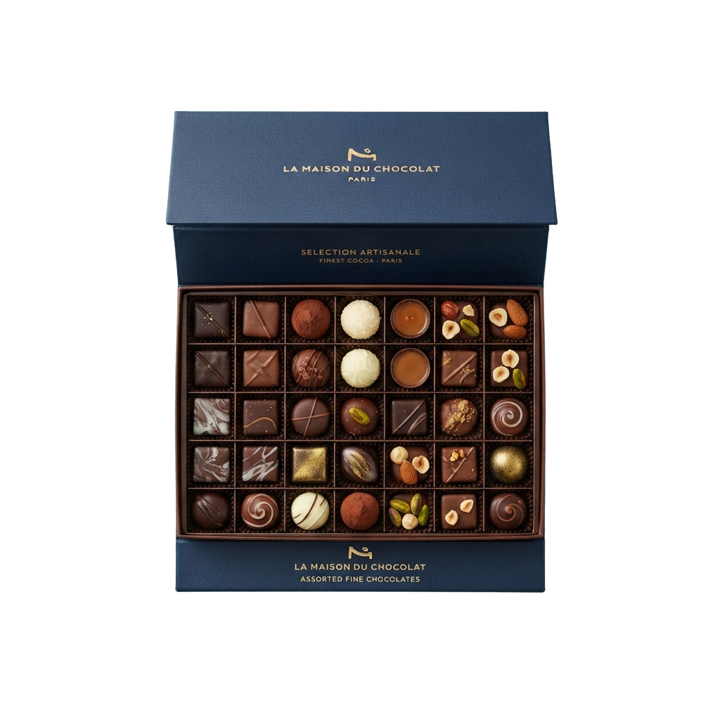 Open box of assorted fine chocolates in individual wrappers arranged in a grid pattern