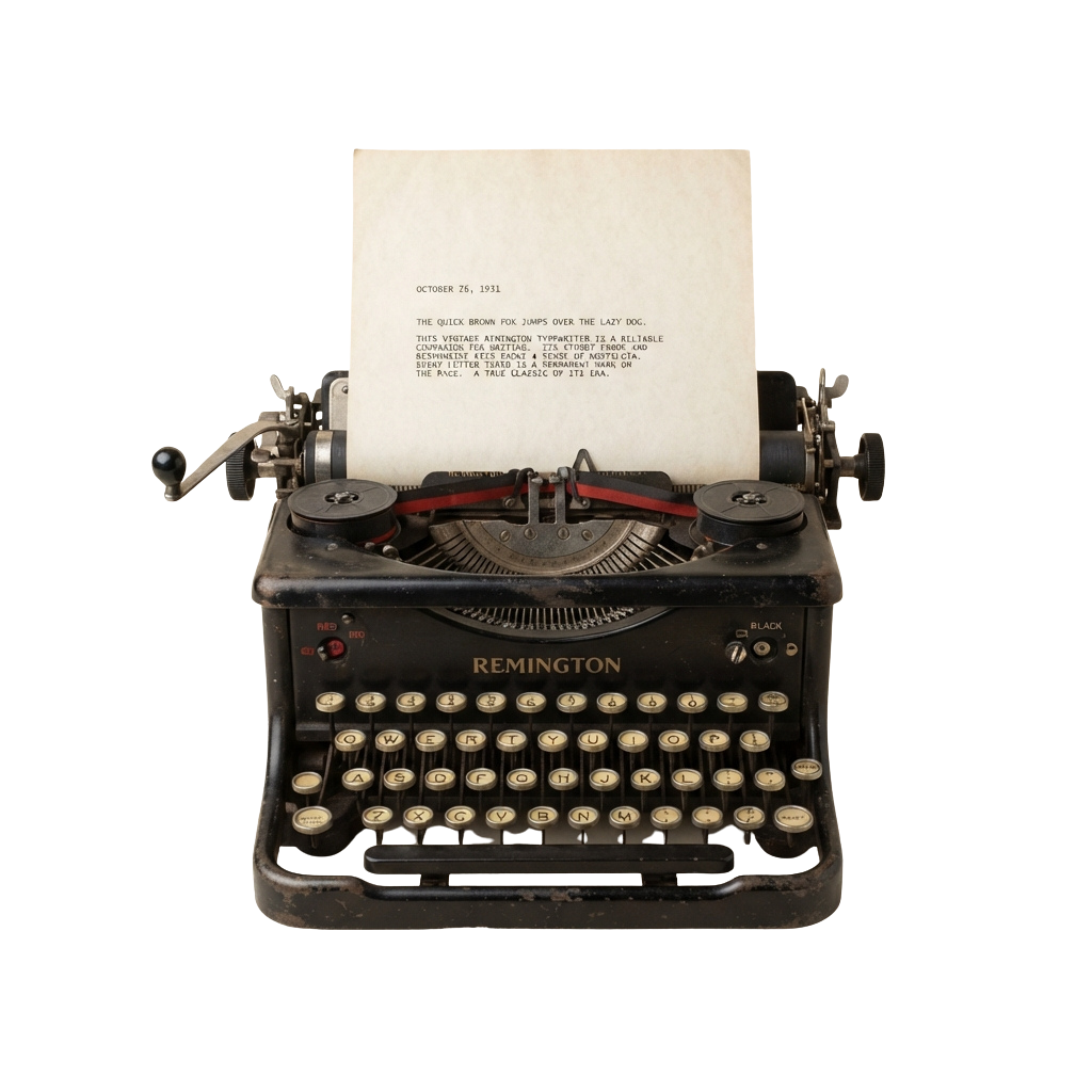A classic black Remington typewriter with a sheet of paper showing typed text and handwritten date.