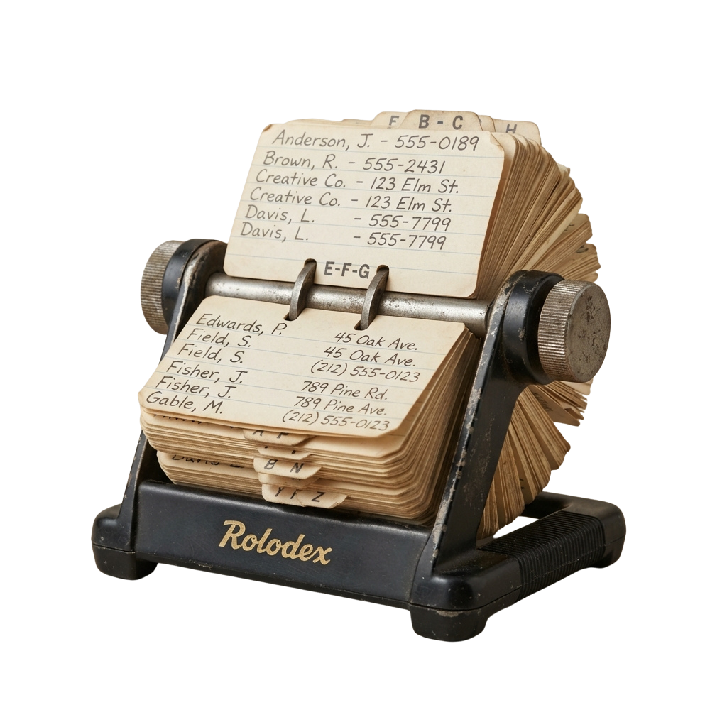 A black vintage Rolodex organizer holding multiple index cards with names and contact details
