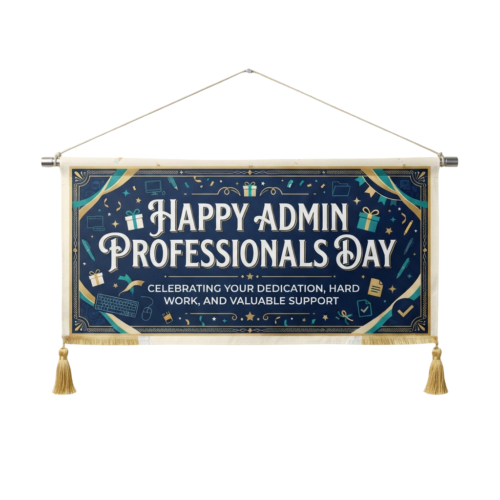 Decorative banner celebrating Admin Professionals Day with gifts, computers, and stars on a dark background