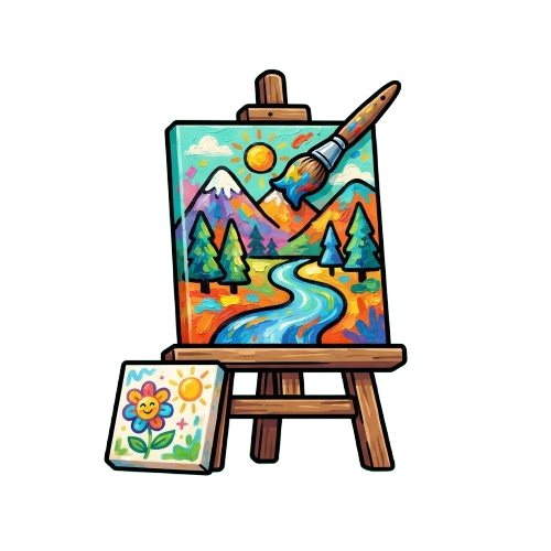 Illustration of a painted landscape scene with mountains, trees, and a winding river on an easel with a paintbrush and a small palette below.