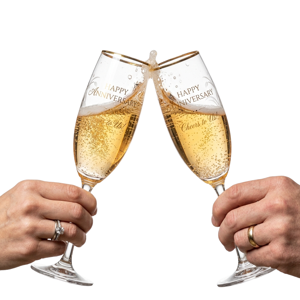 Two hands clinking champagne flutes with Happy Anniversary messages and bubbles