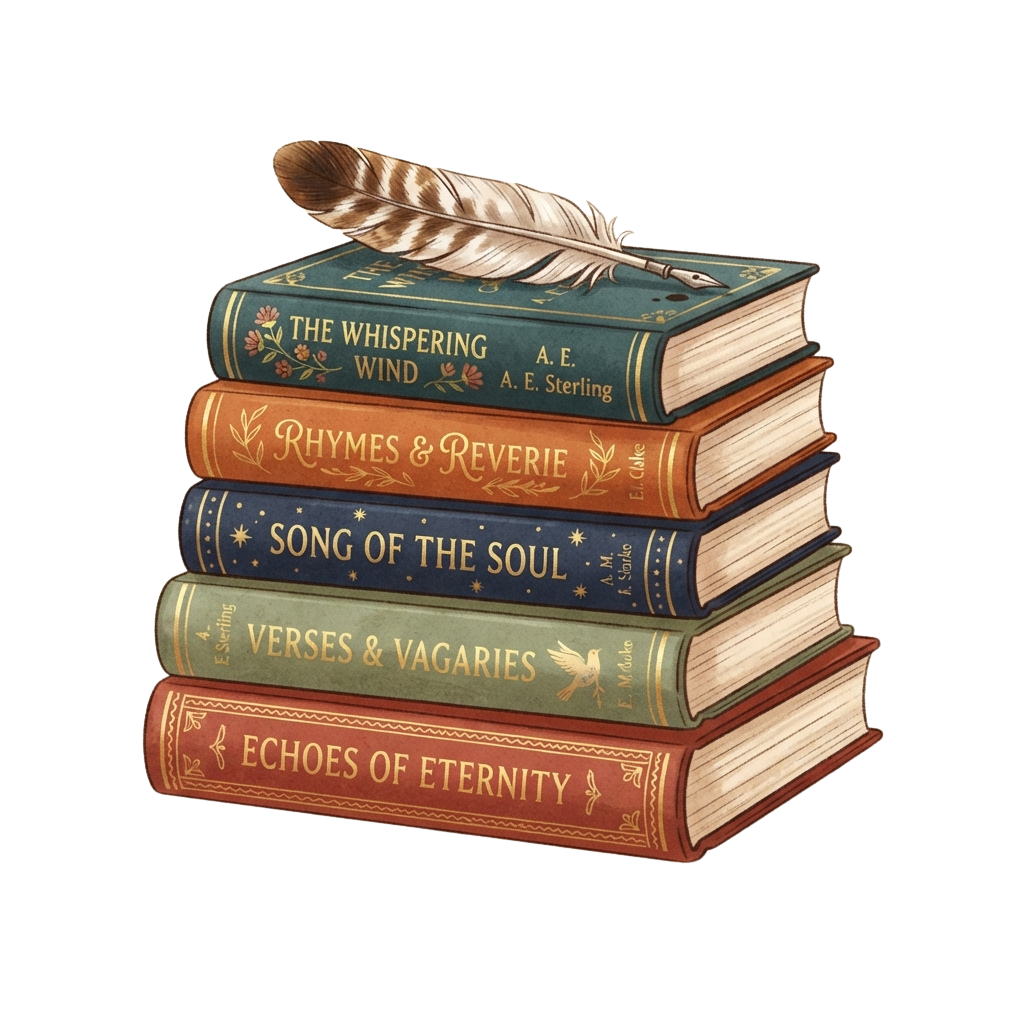 Five colorful vintage-style poetry books stacked with a feather on top.