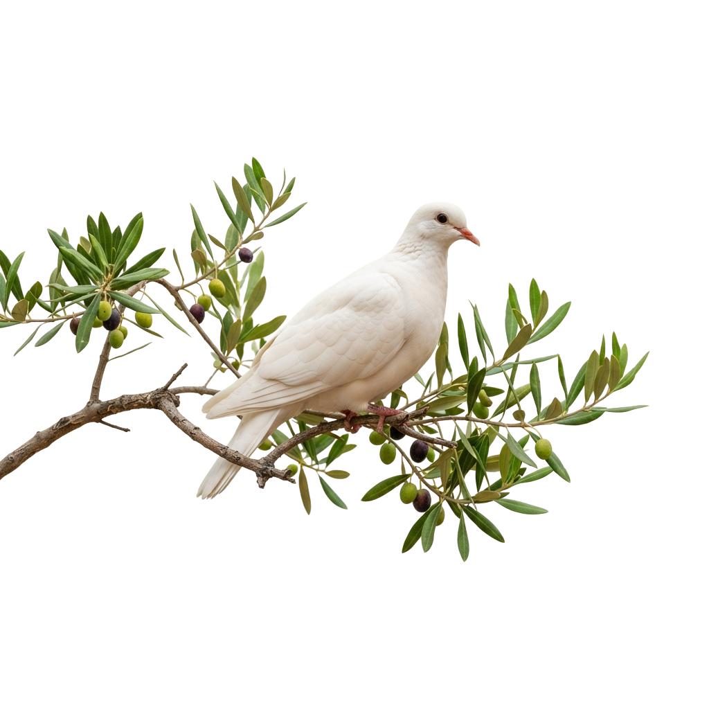 A white dove sitting on a branch with green leaves and small berries