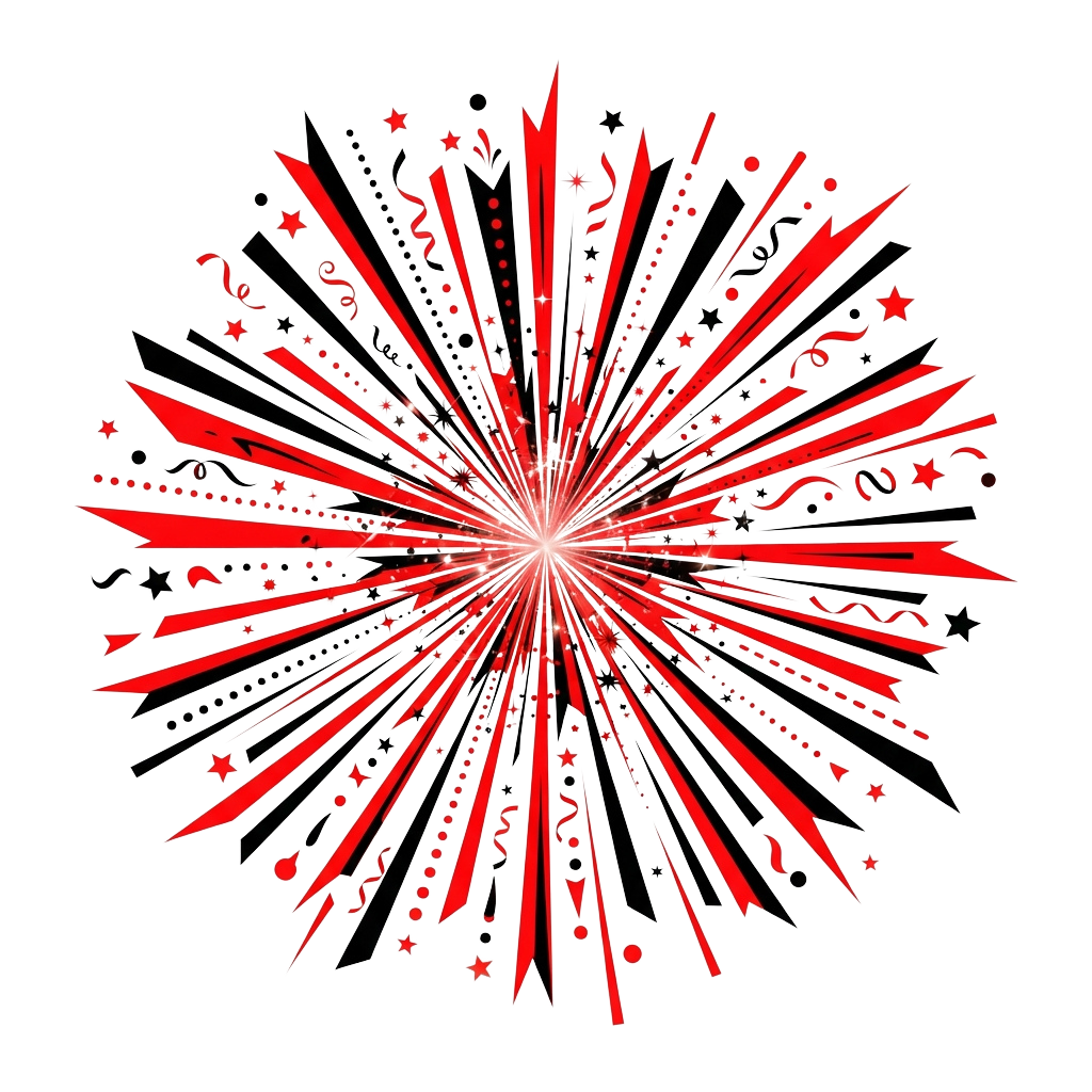 A bright fireworks explosion with red sparks and star shapes radiating outward against a dark background