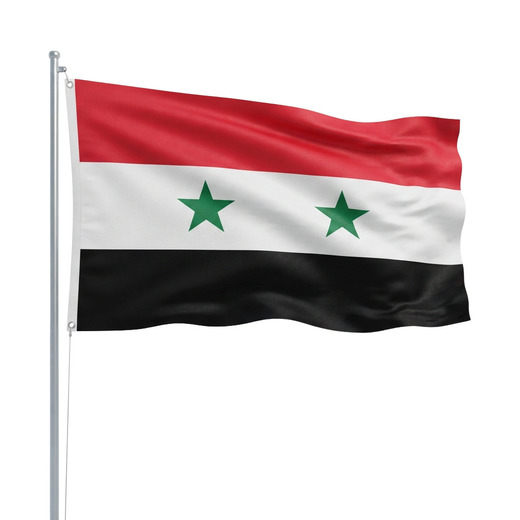 Flag of Syria featuring three horizontal stripes in red, white, and black with two green stars on the white stripe