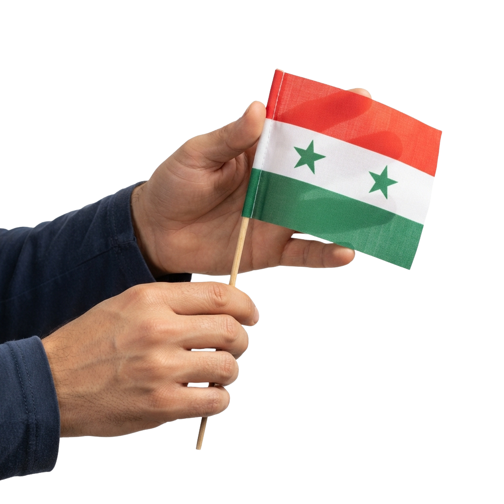 A person holding a small Syrian flag with red, white, green stripes and two white stars on the green band