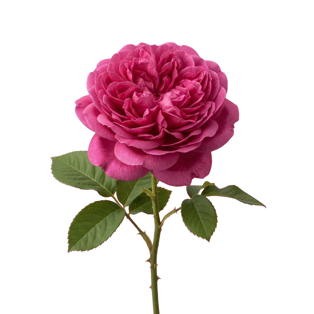A close-up image of a vibrant pink rose with lush green leaves and stem against a black background