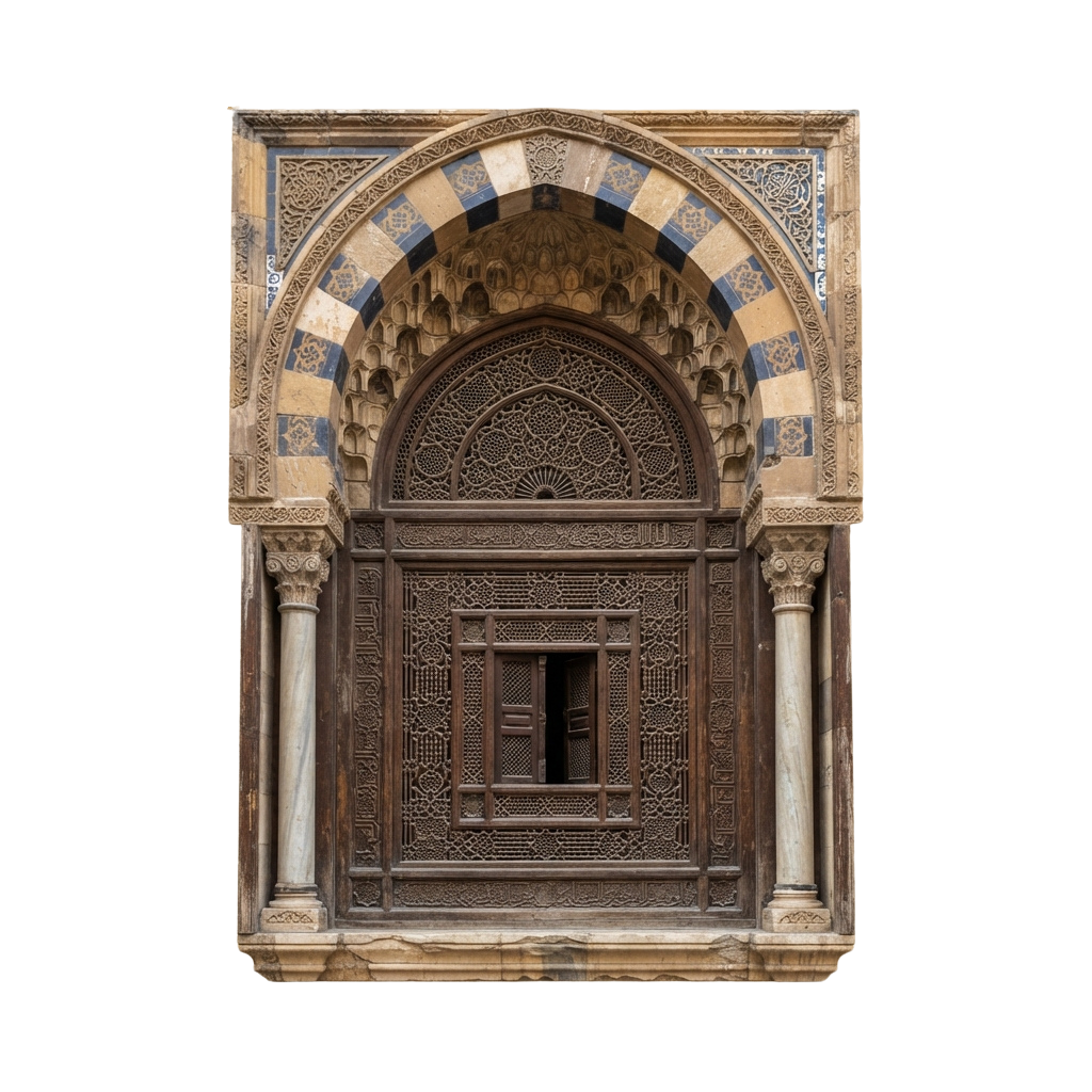 Decorative wooden window with arched top featuring intricate carvings and geometric patterns