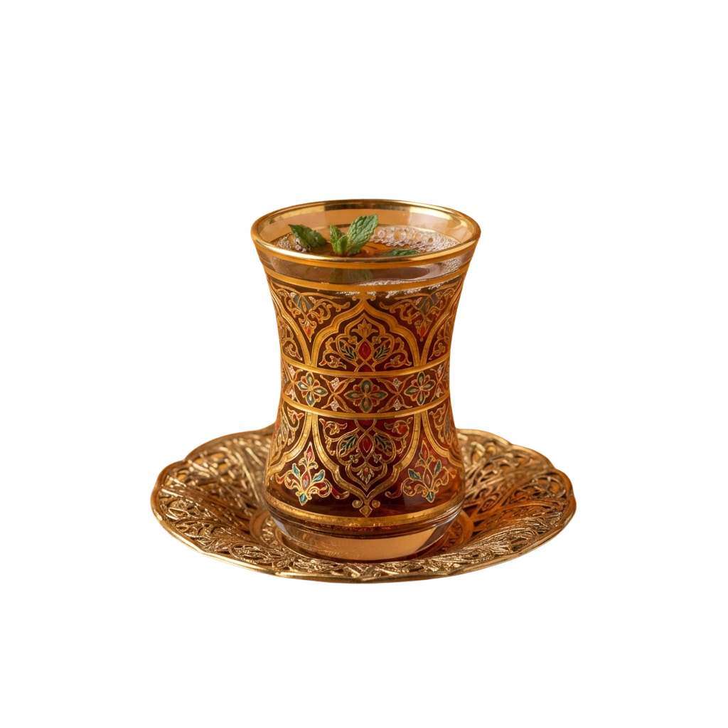 A beautifully ornate glass cup with intricate designs and a mint sprig, placed on an embossed metal tray
