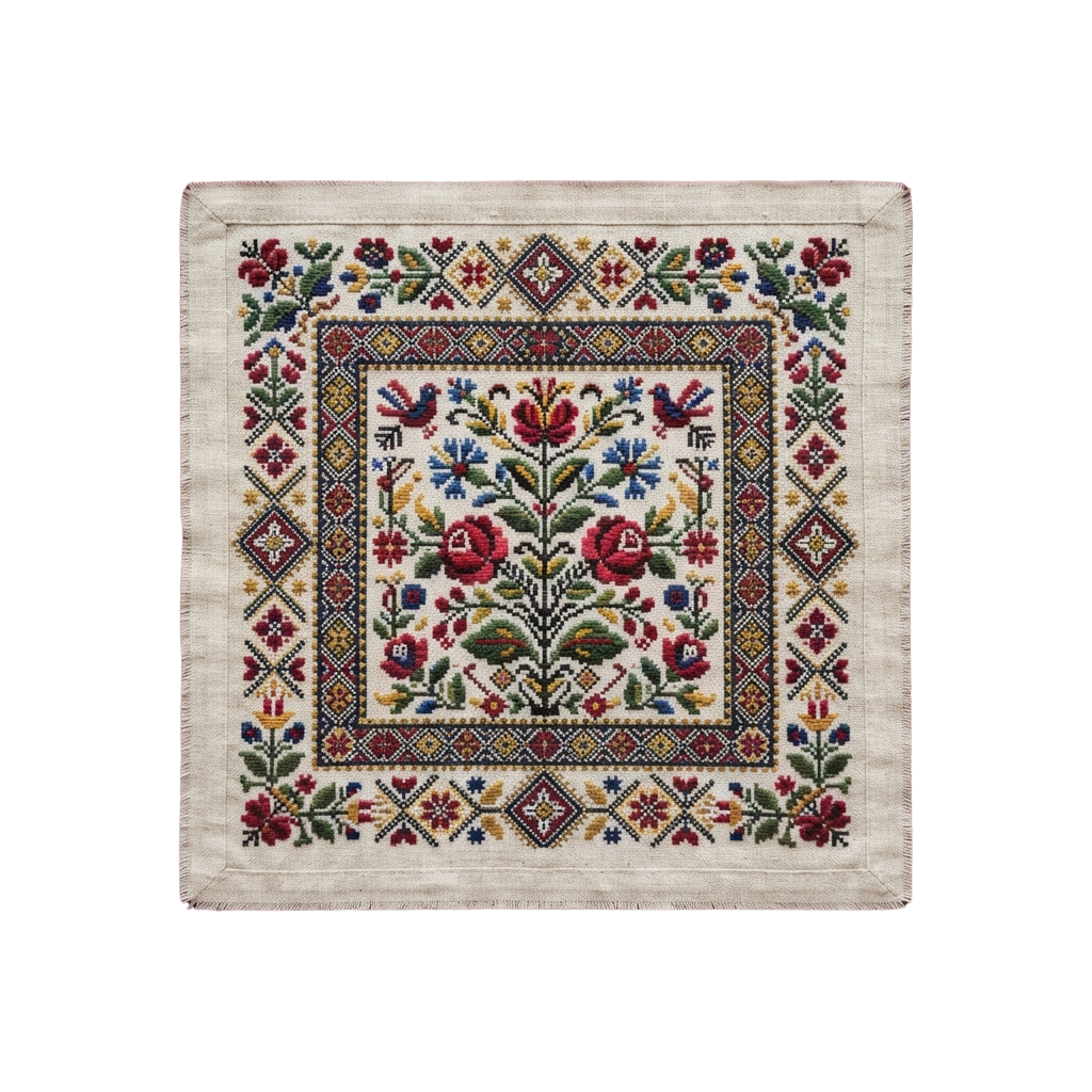 A square of embroidered fabric featuring colorful floral designs and intricate geometric patterns around the border