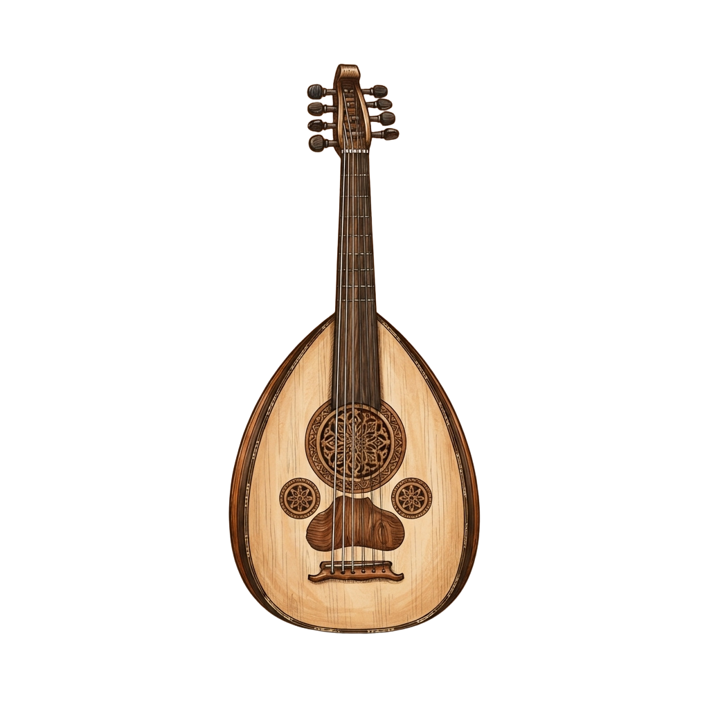 Pear-shaped stringed instrument with intricate carved patterns on the front and tuning pegs at the top