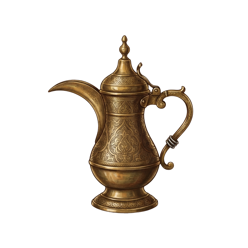 Decorative brass coffee pot with intricate floral engravings and a curved spout and handle
