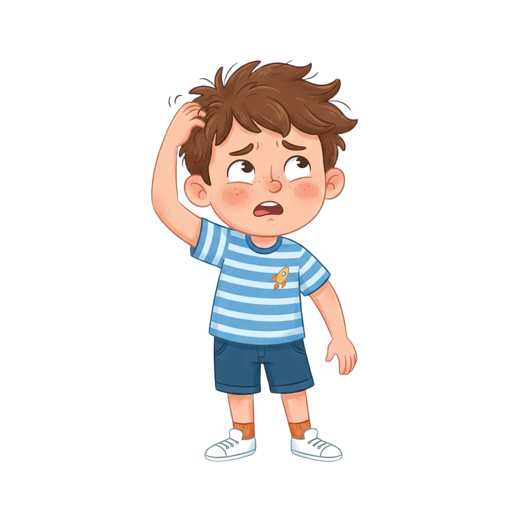 Cartoon of a confused young boy scratching his head and looking surprised
