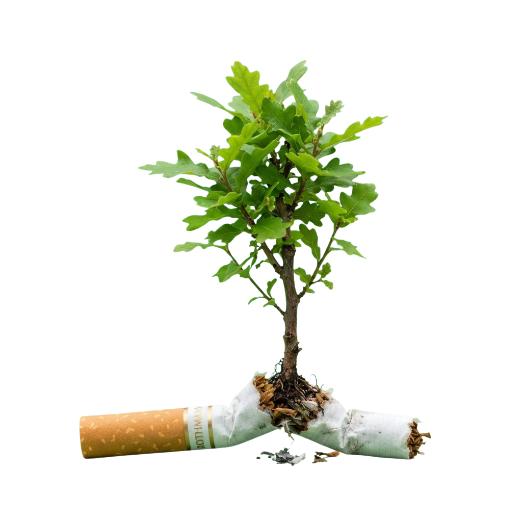 Small tree sprouting from a broken cigarette against a black background