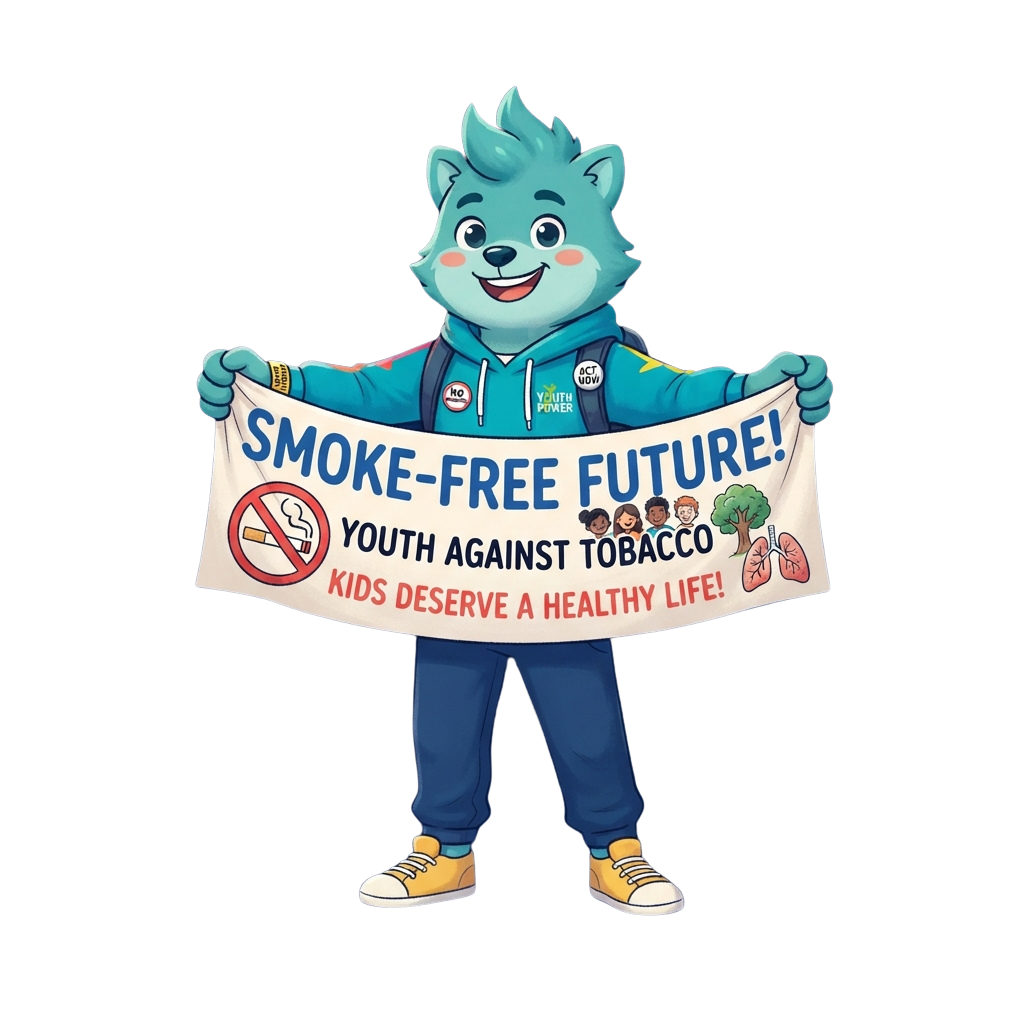 Mascot character holding a banner promoting a smoke-free future and youth against tobacco