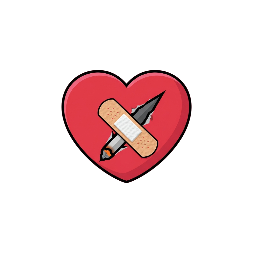 A red heart graphic with a bandage and knife piercing through it, symbolizing emotional pain or heartbreak.