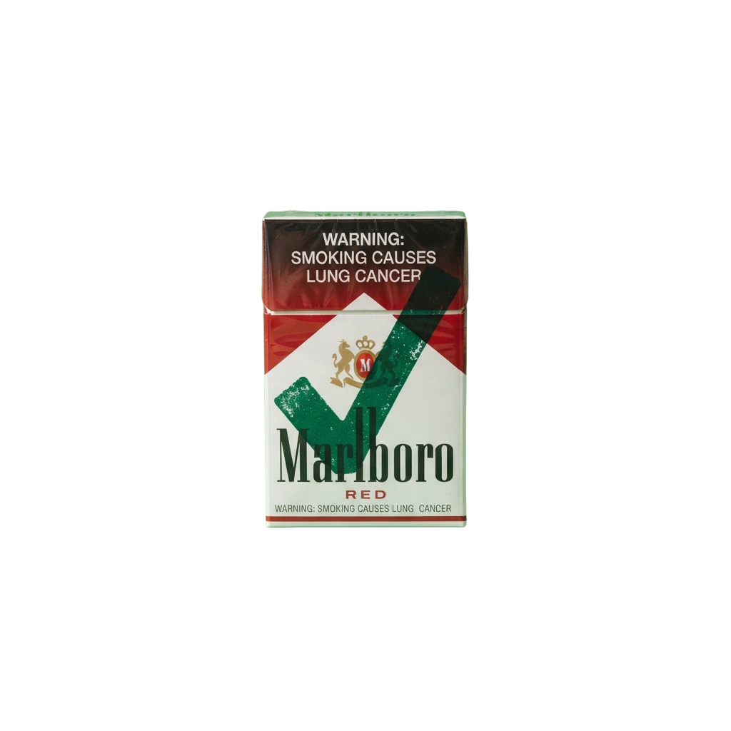 Pack of Marlboro Red cigarettes with health warning labels indicating smoking causes lung cancer