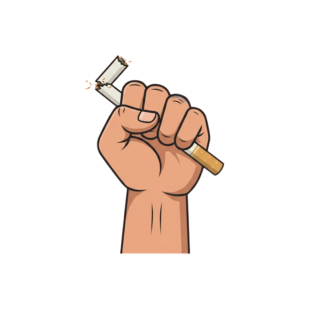 A clenched fist holding a broken cigarette with ash falling from it